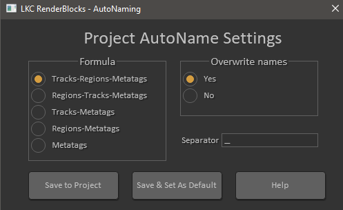 AutoNaming formula settings